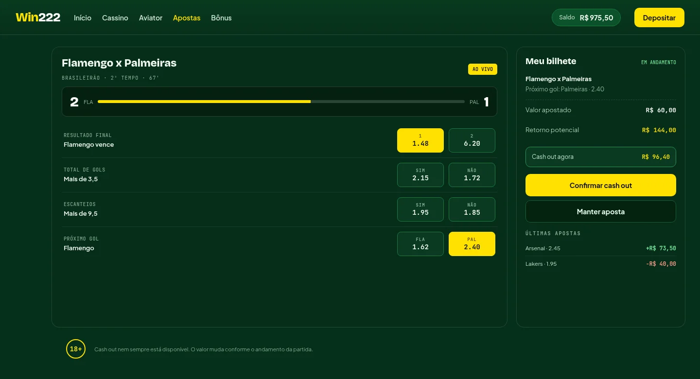 Tela de aposta ao vivo na Win222 com placar, odds em tempo real e cash out
