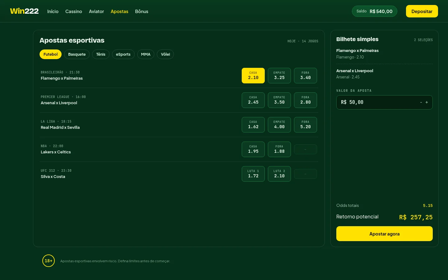 Lista de apostas esportivas da Win222 com partidas de futebol e basquete e odds decimais