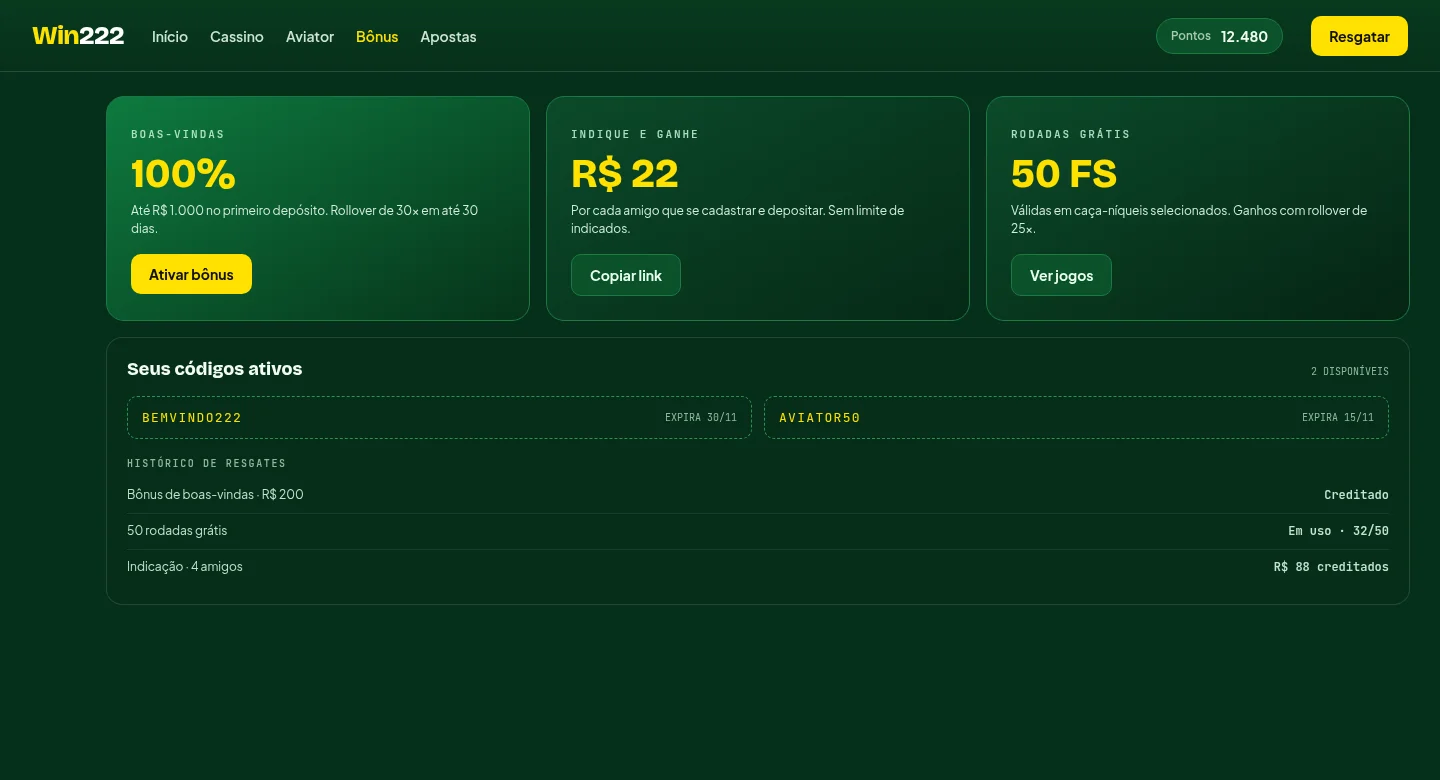 Central de bônus da Win222 com boas-vindas, indicação, rodadas grátis e códigos ativos