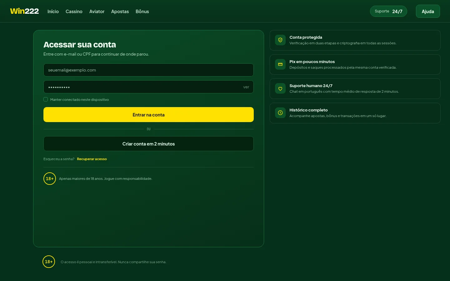 Tela de acesso à conta Win222 com campos de e-mail, senha e opções de entrada