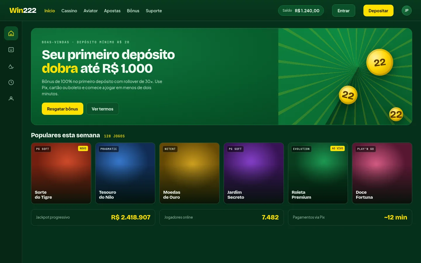 Área logada da Win222 no navegador com saldo, bônus e grade de jogos