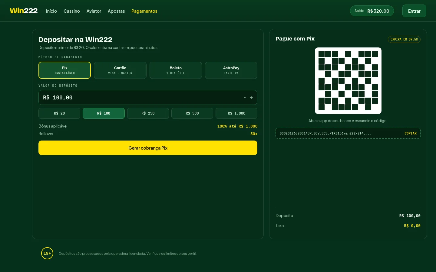 Tela de depósito via Pix na Win222 com QR Code, valor e resumo de taxa