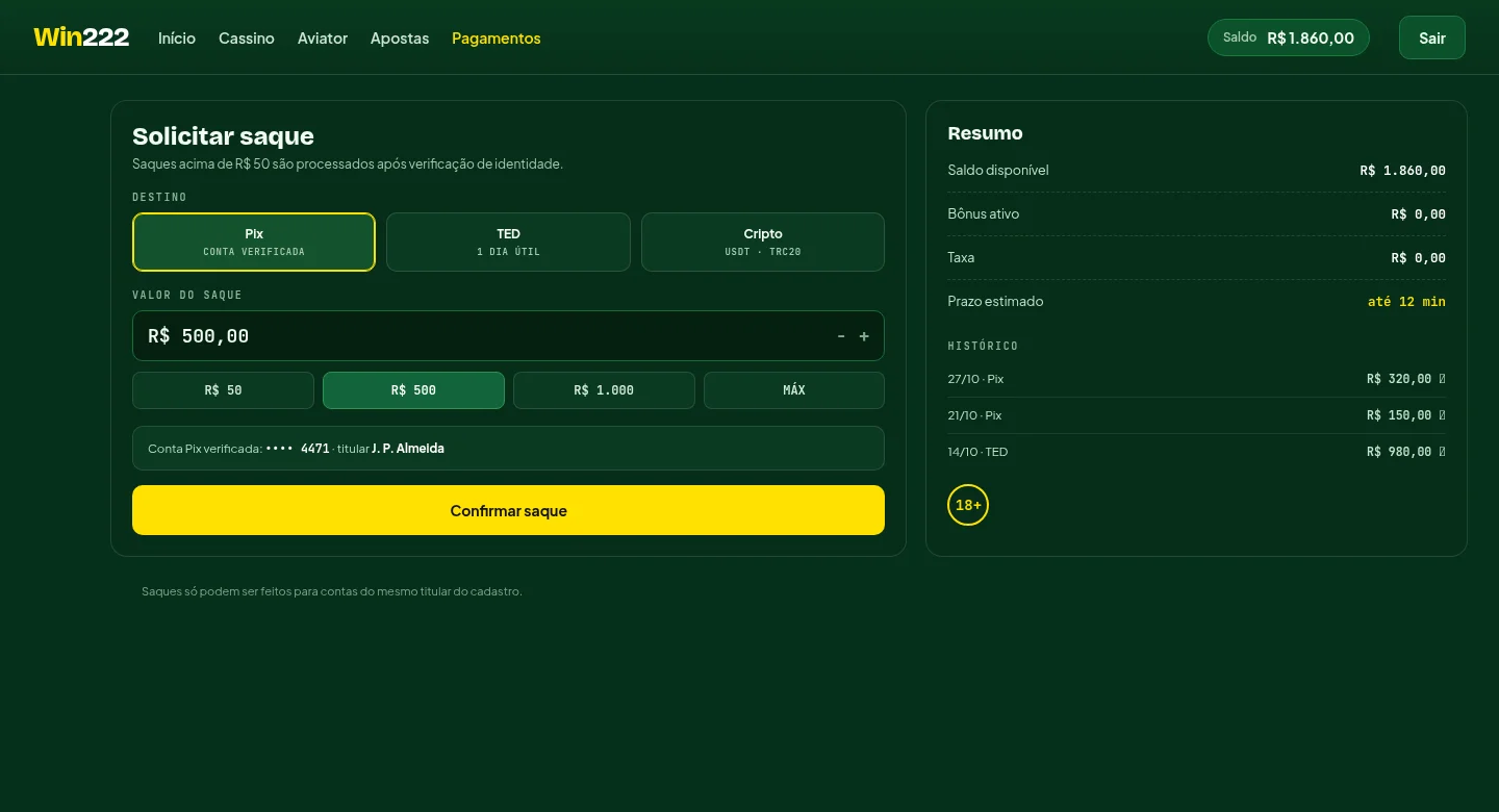 Tela de saque da Win222 com valor, destino Pix verificado e prazo estimado