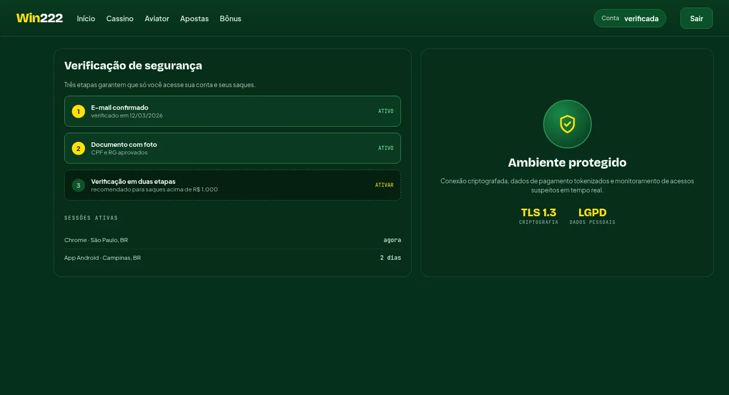 Painel de segurança da conta Win222 com etapas de verificação e sessões ativas