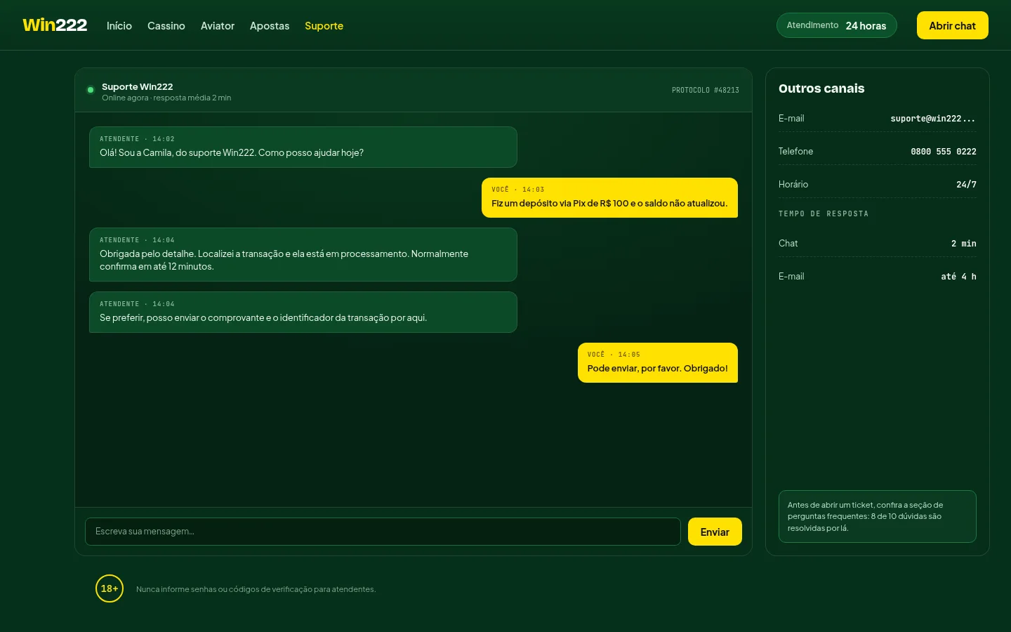Janela de chat do suporte Win222 com protocolo, histórico da conversa e campo de mensagem