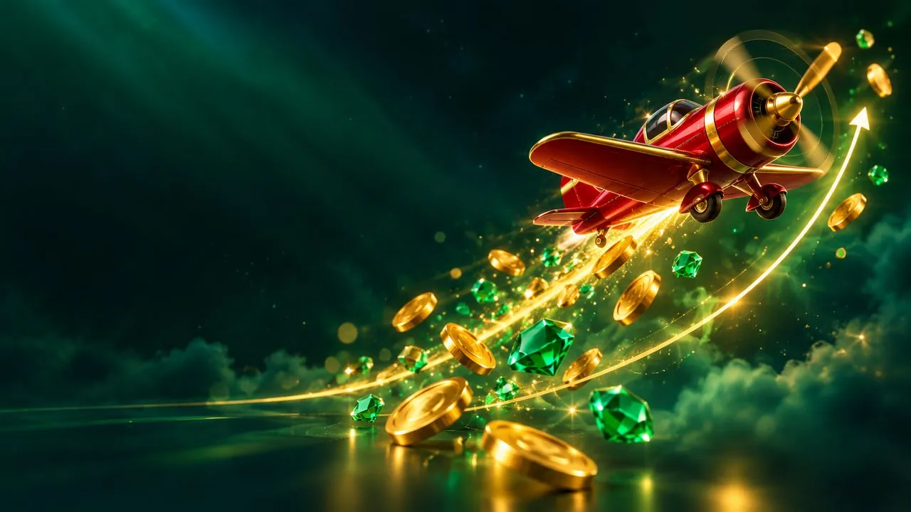 Arte promocional do jogo Aviator da Win222 com avião e moedas douradas